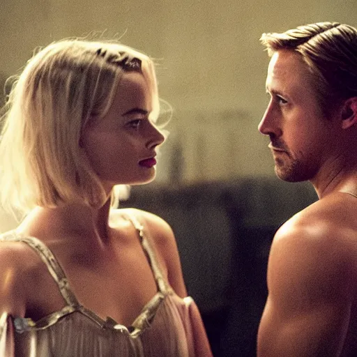 Prompt: still of ryan gosling and margot robbie, in pomepei ( 4 0 bc )