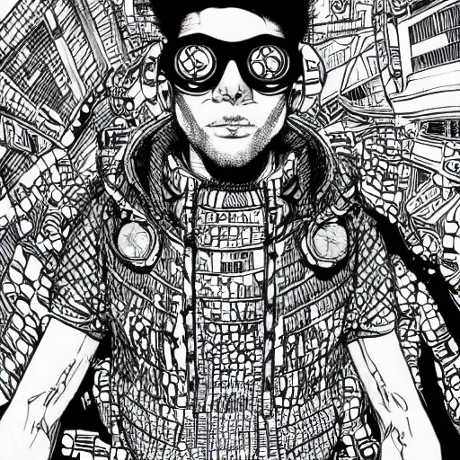 Prompt: hyper detailed comic illustration of a cyberpunk Tanjiro Kamado wearing a futuristic sunglasses and a gorpcore jacket, markings on his face, by Aoshima, Chiho and Geof Darrow, intricate details, vibrant, solid background, low angle fish eye lens