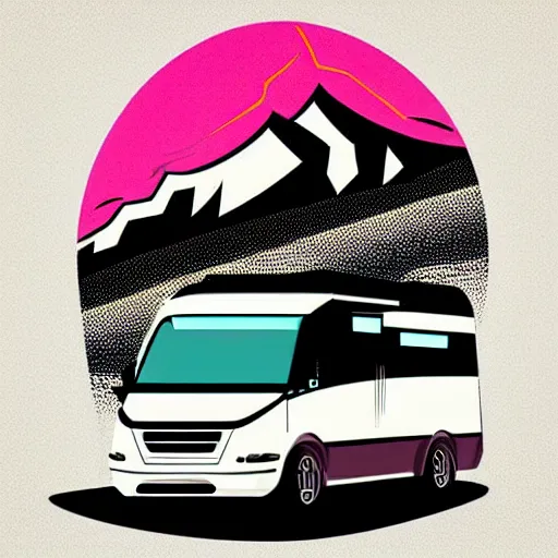 Prompt: very very very stylized minimal vector graphic of a thor chateau motorhome, mountains, highway and sunset!!, white background, dramatic, professional minimal simplified graphic design cartoon, 3 colors!!