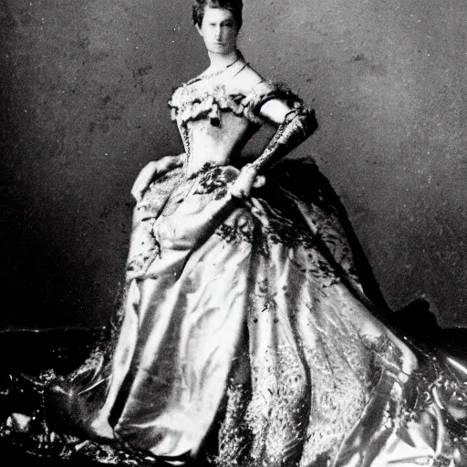 Image similar to a potrait of queen of europe in the middle of bloody battlefield, taken in 1 8 7 0, black and white, kodak