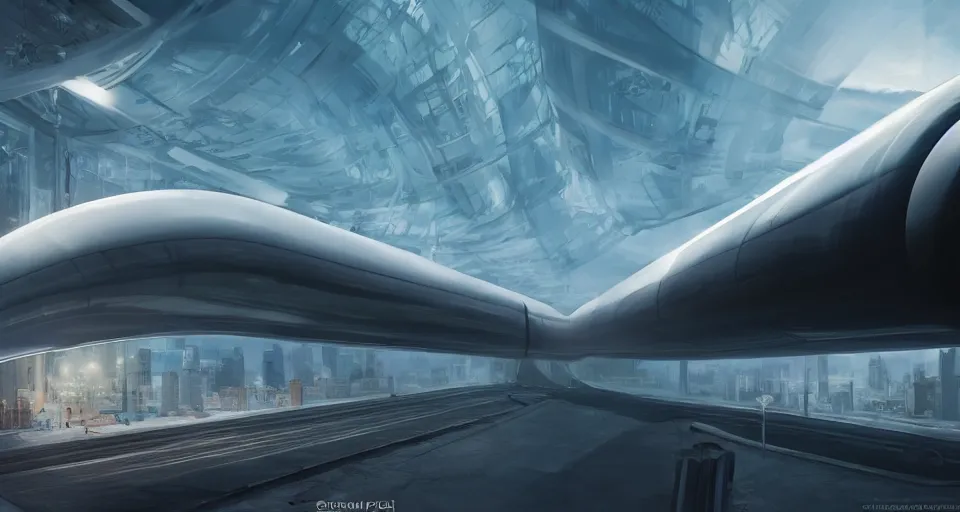 Image similar to A highly detailed matte oil painting of a gigantic transparent hyperloop tube with capsules moving at supersonic speed by Grant Yun, hyperrealistic, cinematic angle, breathtaking, beautiful composition, by Artgerm, volumetric lighting, intricate insanely detailed octane render, 8K resolution, high contrast, trending on artstation, future art