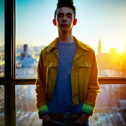 Image similar to un ultra high definition studio quality photograph of a young man standing in a unique london studio environment wearing all eclectic clothes whilst watching the sun rising through a large window. wide angle. three point light. extremely detailed. golden hour, golden ratio, ray tracing, volumetric light, shallow depth of field.