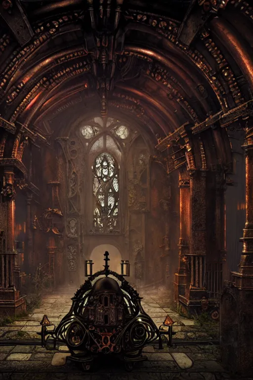 Image similar to steam necropolis, memento mori, gothic, neo - gothic, art nouveau, hyperdetailed copper patina medieval icon, philippe druillet, ralph mcquarrie, concept art, steampunk, unreal engine, detailed intricate environment, octane render, moody atmospheric, volumetric lighting