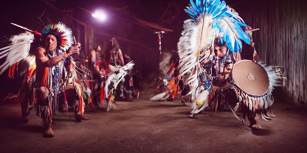 Prompt: of Native American shaman drumming by Liam Wong and Boris Vallejo