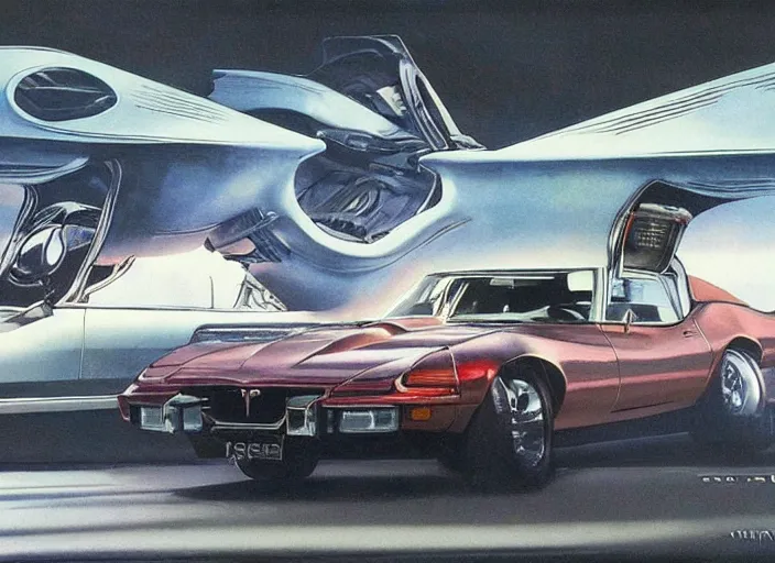 Image similar to ( ( ( ( ( 1 9 8 2 pontiac trans am, jaguar e - type, car concept art, sci - fi illustration, painting ) ) ) ) ) by vincent di fate and john berkey!!!!!!!