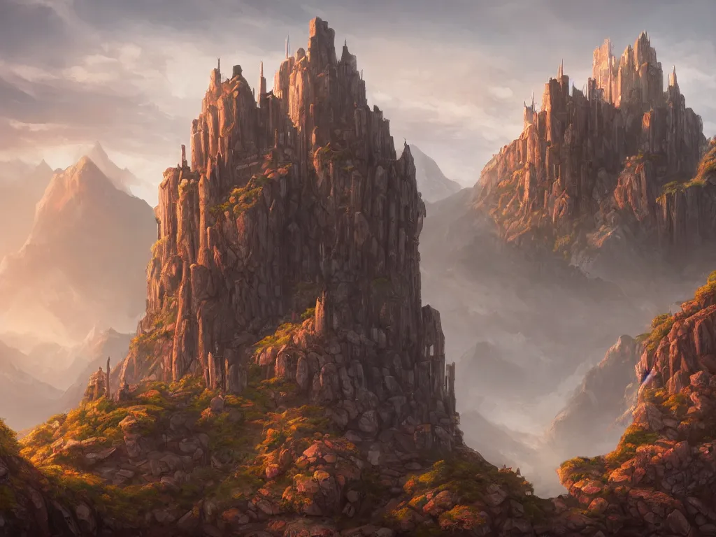 Prompt: dwarwen iron castle on a gray rock mountain; by noah bradley; hyperrealistic, 4K wallpaper, cinematic lighting, highly detailed and beautiful