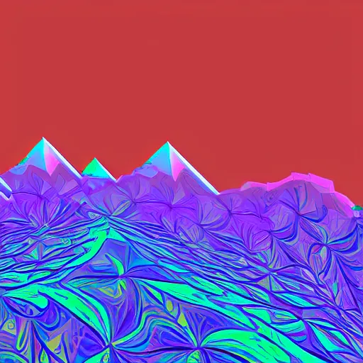 Image similar to glitch art acid trip, fractal geometry mountain vista