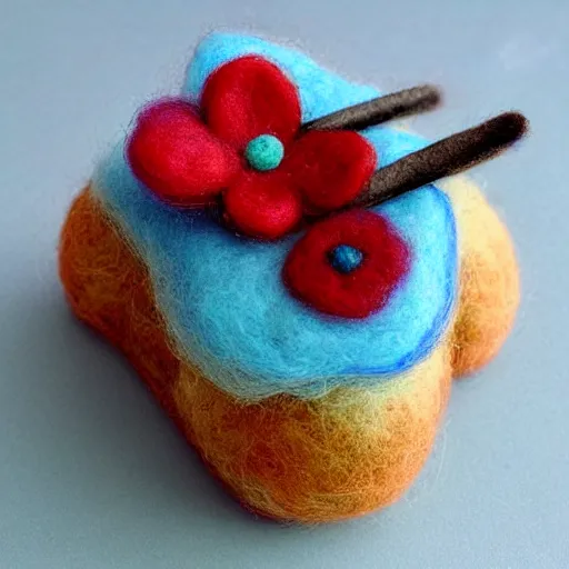 Prompt: a bread toast wearing eyeglasses and a blue flower, needle felting art