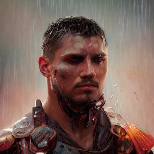 Image similar to portrait of a male warrior bruised and bleeding, raining, lightning strike in background, intricate, headshot, highly detailed, digital painting, artstation, concept art, sharp focus, cinematic lighting, illustration, art by artgerm and greg rutkowski, alphonse mucha, cgsociety