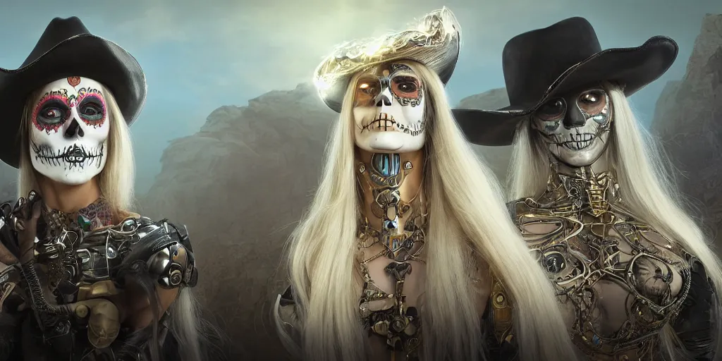 Image similar to Panorama screenshot of a beautiful female cyborg with sugar skull makeup, glowing long flowing silver hair, electric gold glowing eyes, wearing a cowboy hat, photographic highly detailed desert, hybrid from The Elden Ring and art direction by Darius Zawadzki ;by artgerm; wayne reynolds art station; cinematic quality character render; low angle; ultra high quality model; production quality cinema model