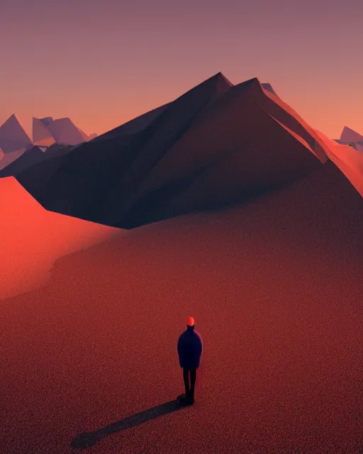 Image similar to a man standing in the middle of a mountain, a low poly render by filip hodas, behance contest winner, environmental art, rendered in cinema 4 d, volumetric lighting, low poly