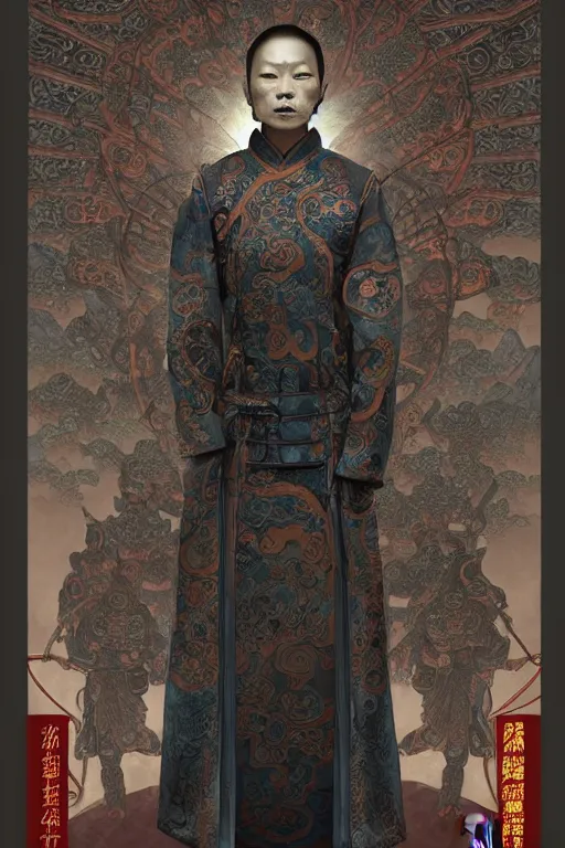 Prompt: ancient chinese zombies - body official clothes of the qing dynasty, symmetrical. sci - fi, tech wear, glowing lights, intricate, elegant, highly detailed, digital painting, highly detailed, digital painting, artstation, concept art, smooth, sharp focus, illustration, art by artgerm and greg rutkowski and alphonse mucha