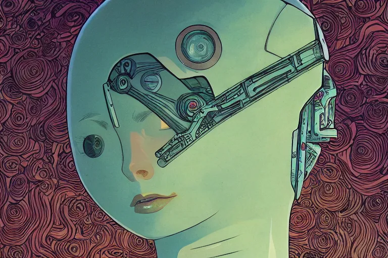 Prompt: gigantic robot - girl head floating in the space, a lot of exotic plants, trees, flowers, oldschool vintage sci - fi flat surreal grainy design, super - detailed, drawing by moebius, satoshi kon, craig gleason, hd, 4 k, high quality