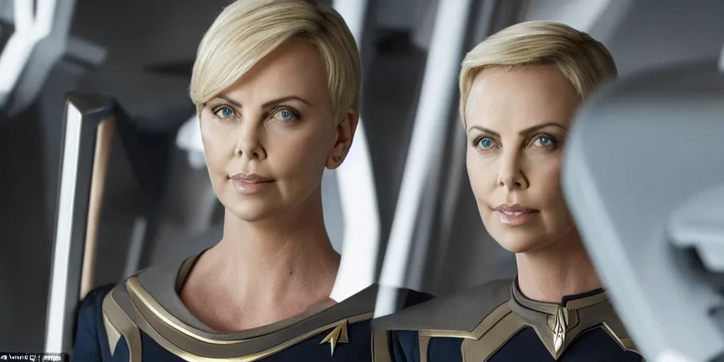 Image similar to Charlize Theron, in full starfleet uniform, is the captain of the starship Enterprise in the new Star Trek movie