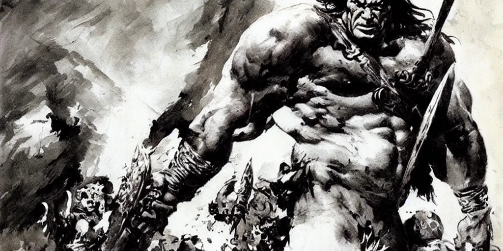 Prompt: A strong and imposing barbarian warrior, art by Frank Frazetta