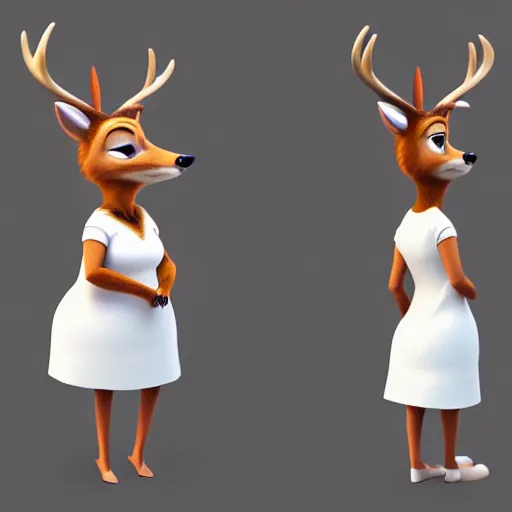 Prompt: portrait, 3 d render, tall little fat, anthropomorphic female deer, wearing along white dress, in the style of zootopia,