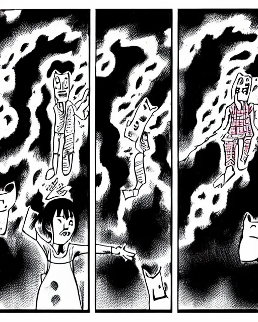 Image similar to three panels from junji ito's 'house in the style of a black cat', full width, action shot, first person, manga