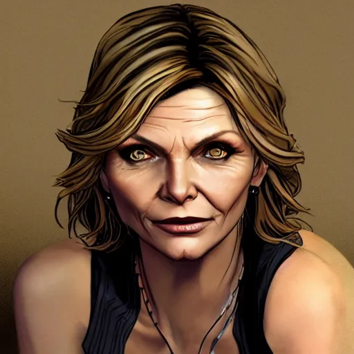 Image similar to michelle pfeiffer portrait, borderlands, tales from the borderlands, the wolf among us, comic, cinematic lighting, studio quality, 8 k