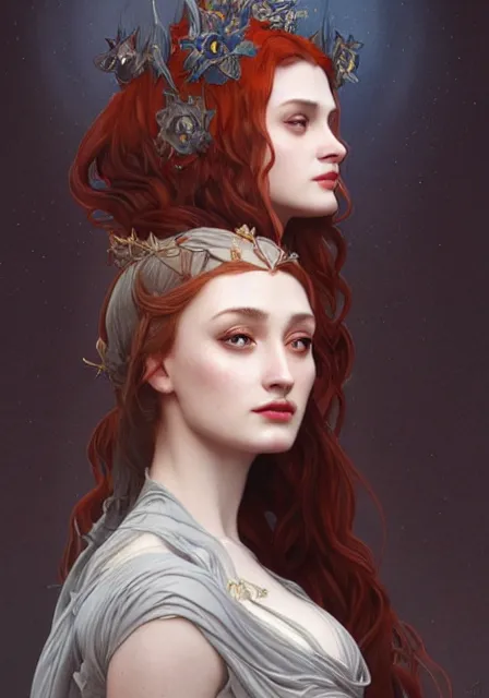 Prompt: sansa witch, intricate, elegant, highly detailed, digital painting, artstation, concept art, smooth, sharp focus, illustration, art by artgerm and greg rutkowski and alphonse mucha and william - adolphe bouguereau