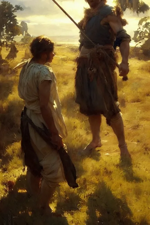 Image similar to portrait david and goliath by anders zorn, wonderful masterpiece by greg rutkowski, beautiful cinematic light, american romanticism by greg manchess, jessica rossier