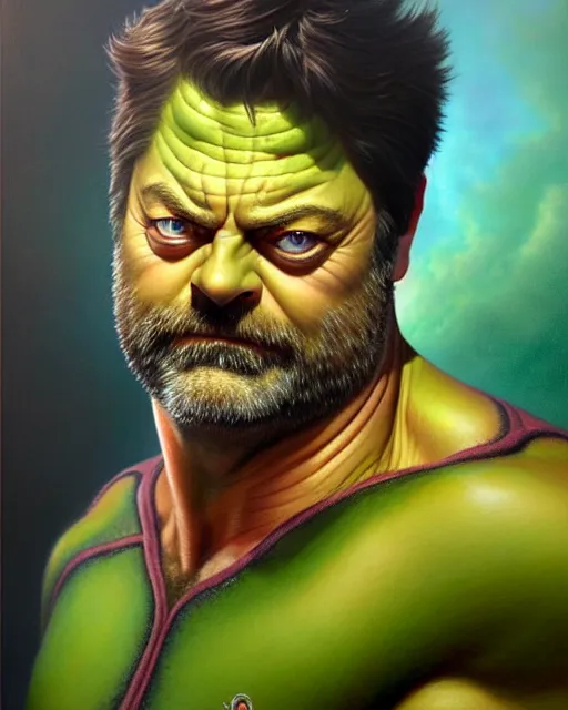 Prompt: detailed portrait of nick offerman as hulk! by tomasz alen kopera and peter mohrbacher and johanna martine! and margaret keane! coherent luminescent