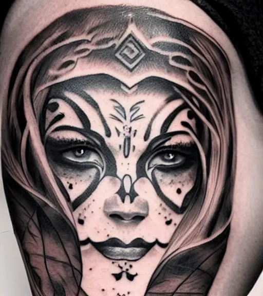 Image similar to tattoo design of a beautiful girl warrior under a tiger head, hyper realistic, realism tattoo, by eliot kohek, beautiful eyes, realistic face, black and white, white background