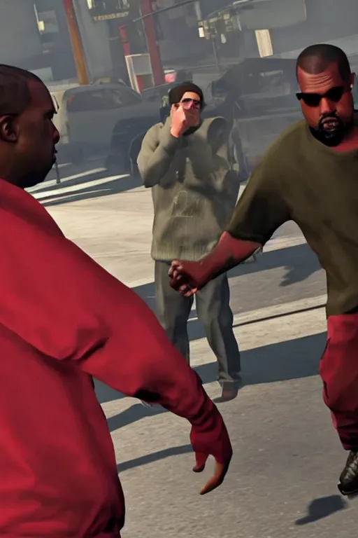 Image similar to kanye west having a fistfight with lester crest from gta v, lester crest, lester from gta v, gta lester, gameplay, grand theft auto v, strong dramatic cinematic lighting, blood red sky, smooth, sharp focus, extremely detailed