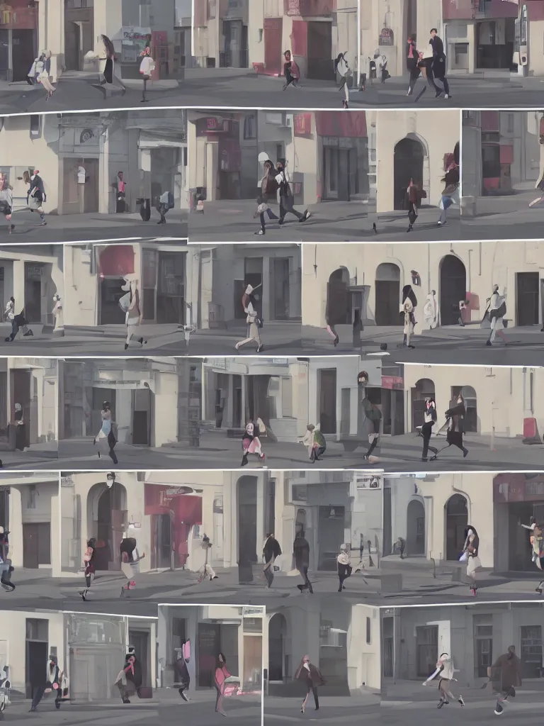 Image similar to a frame by frame animation of a girl walking down the street