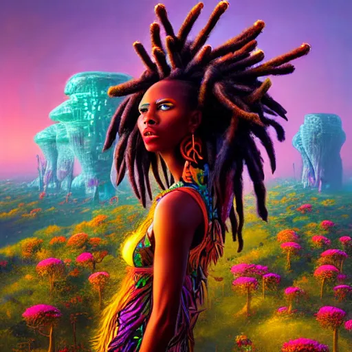 Prompt: an exotic african cyberpunk woman with colorful dreadlocks sitting on a cliff overlooking a field of colorful flowers with a giant glowing baobab tree in the middle, it is sunset, by greg rutkowski and android jones and Alena Aenami in a surreal cyberpunk! style, oil on canvas, highly detailed face, 8k hd,