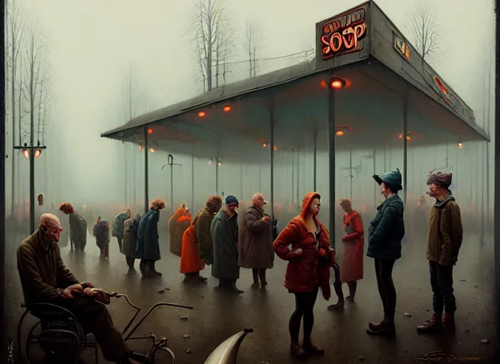 Prompt: waiting in line for cold soup by simon stalenhag and gil elvgren and tom bagshaw, highly detailed, hyperrealism, dreary, cold, cloudy, grey, rich vs. poor, high contrast