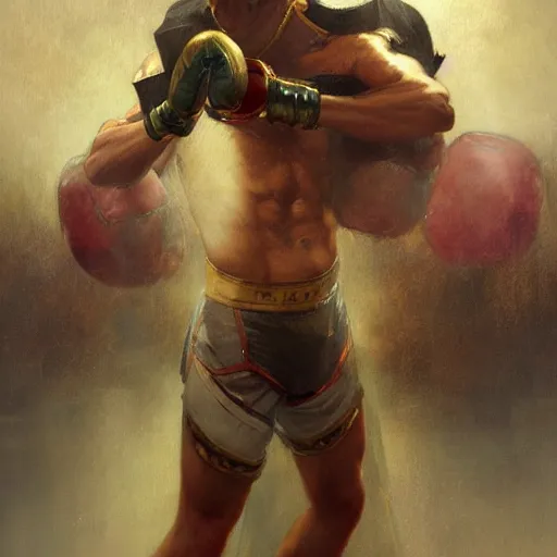 Image similar to anubis as a boxer ready to take on the world champ, 4 k, trending on artstation, by gaston bussiere, craig mullins, artgerm, greg rutkowski, alphonse mucha