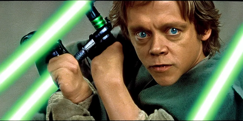 Prompt: a still from a film featuring mark hamill as jedi master luke skywalker, holding a green lightsaber by the hilt, looking scared, 3 5 mm, directed by steven spielberg, 1 9 9 4