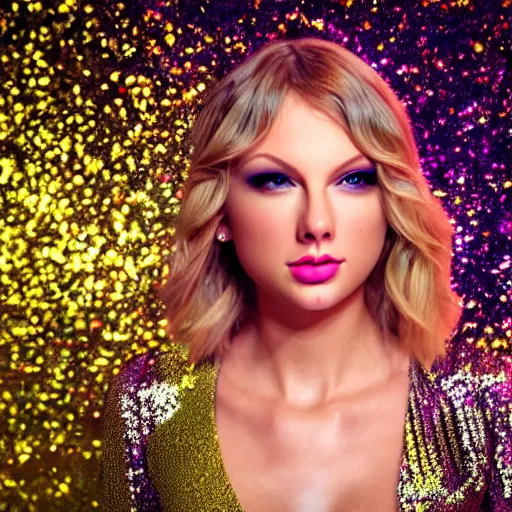 Image similar to mind blowing metaphysical sequins and glitter visualization forming elegant Taylor Swift becoming one with the universe, octane render, hyper realistic, 8k, beautiful details