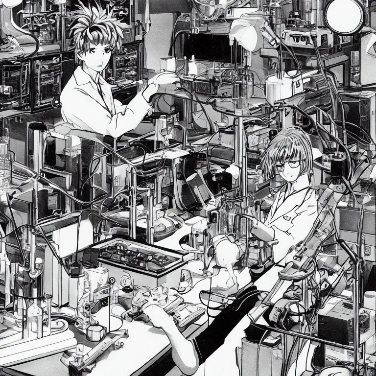 Prompt: a highly detailed 80's anime illustration of a scientist working in a lab, sharp focus, dramatic composition, rule of thirds, intricate, retro, volumetric lighting, no blur, no dof