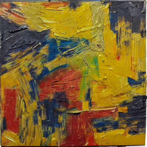 Image similar to oil paint impasto relief, abstract by mondrian, multi layered thick brush marks, some splattered paint, in the style of ivan shishkin and frank auerbach and van gogh