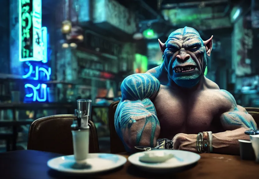 Image similar to a muscular male orc punk sitting at a table in a cafe in a cyberpunk city, close up shot, sharp focus, shallow depth of field, highly detailed face, 8k, unreal engine 5, cinematic lighting, vivid elegant fantasy concept art, character art, stern blue neon atmosphere, artstation, deep complimentary colors, volumetric lighting, photorealistic, hyperdetailed 3D matte painting, hyperrealism, hyperrealistic masterpiece