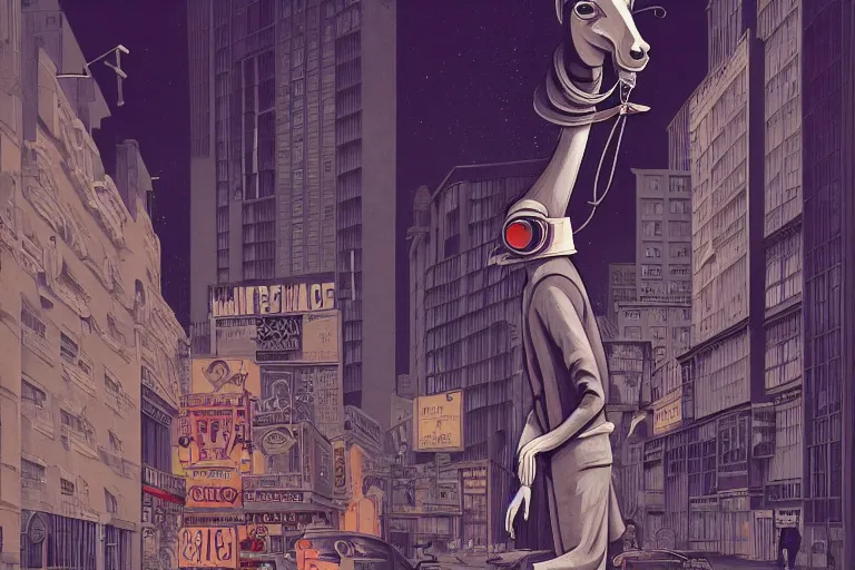 Image similar to an anthropomorphic llama wearing a 1 9 4 0's noire detective outfit, standing in the streets of a big city at night looking at a crime scene, crime scene photography by moebius, junji ito, tristan eaton, victo ngai, artgerm, rhads, ross draws, hyperrealism, intricate detailed,