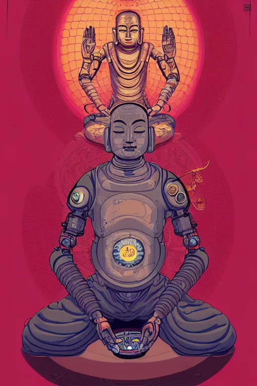 Image similar to a study of cell shaded cyborg robot astronaut buddha meditating in a lotus flower illustration, golden ratio, post grunge portrait, character concept art by josan gonzalez, james jean, Mike Mignola, Laurie Greasley, highly detailed, sharp focus, alien, Artstation, deviantart, artgem