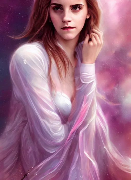 Image similar to emma watson as nature magic celestial, long hair, pink and white, transparent cloth, space, D&D, shiny background, intricate, elegant, highly detailed, digital painting, artstation, concept art, smooth, sharp focus, illustration, artgerm, bouguereau