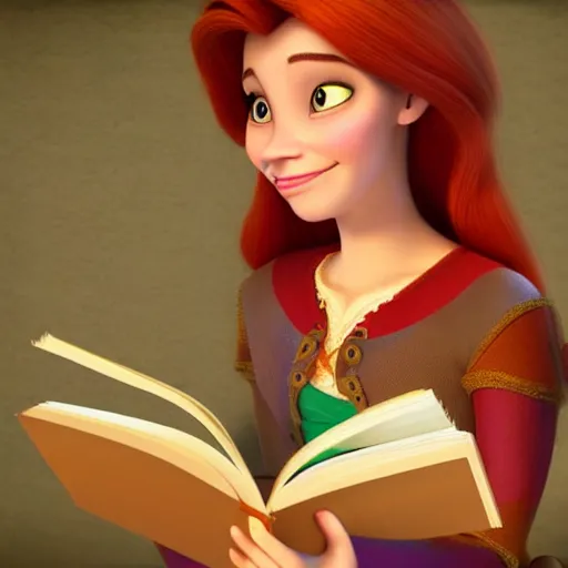 Image similar to young woman with red hair reading a book in a still from disney's tangled. beautiful animation character art, high quality, detailed face