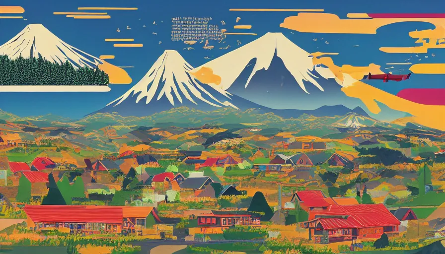 Image similar to award winning graphic design poster, cutouts constructing an contemporary art depicting a lone mount fuji and hills, rural splendor, and bullet train, isolated on white, and bountiful crafts, local foods, edgy and eccentric mixed media painting by Leslie David and Lisa Frank for juxtapose magazine