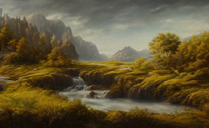 Prompt: highly detailed landscape painting by thomas sanchez, 4k