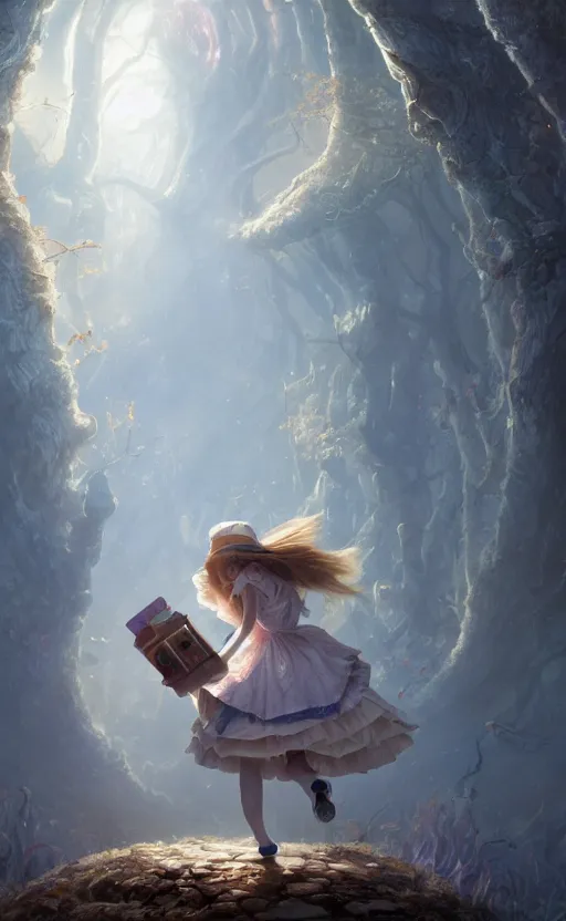 Image similar to alice in wonderland looking into a portal hopping and time warping with reckless abandon, masterpiece digital painting by Greg Rutkowski, Alex Grey, artstation, 4k wallpaper