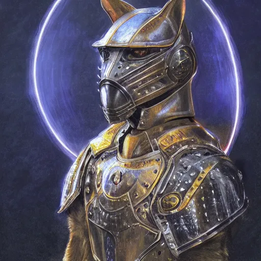 Image similar to medieval paladin knight armor, anthropomorphic shiba inu, kirlian photography field glowing, portrait art by donato giancola and greg rutkowski, realistic face, kirlian field, visible magnetic field, digital art, trending on artstation, symmetry