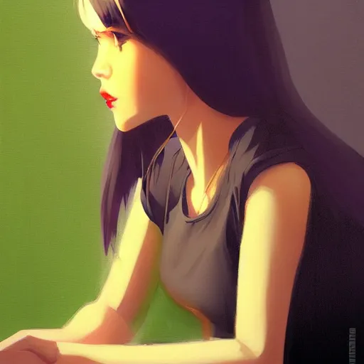 Image similar to hacker girl sits at an apple ] [ e, realistic shaded lighting poster by ilya kuvshinov katsuhiro otomo, magali villeneuve, artgerm, jeremy lipkin and michael garmash and rob rey