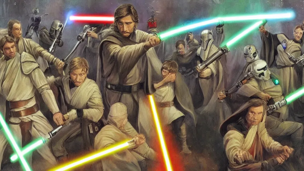 Image similar to jedi battle of zelensky against putin, in the style of star wars