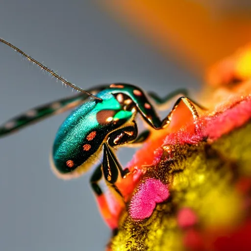 Prompt: macro photography colorful bugs and jewls