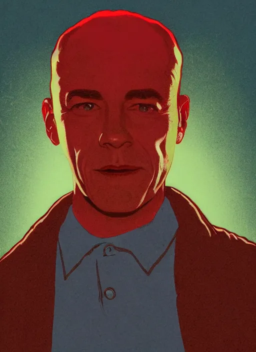 Image similar to Twin Peaks poster artwork by Michael Whelan and Bob Larkin, of portrait of Joe Rogan in red flannel, spotlight from the sky shining on him, from scene from Twin Peaks, clean, simple illustration, nostalgic, domestic