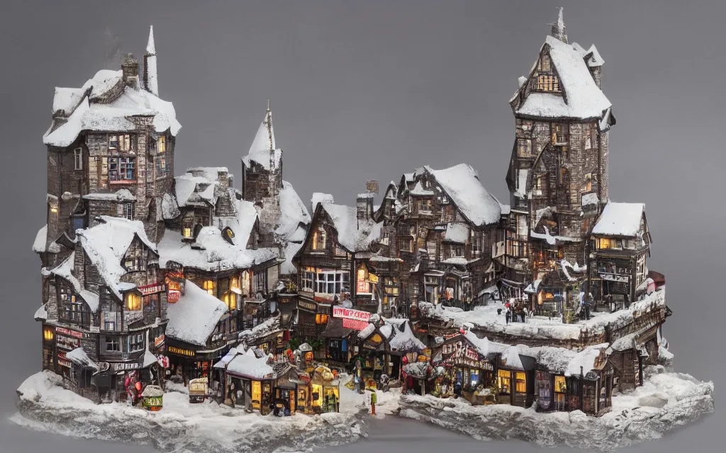 Prompt: a large glass snow shaker with a perfect miniature market of a medeveil english town highly detailed, cinematic lighting, render, fantasy