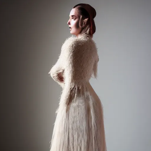 Prompt: delicate, semi transparant, high couture dress in a super model, warm light, studio setting